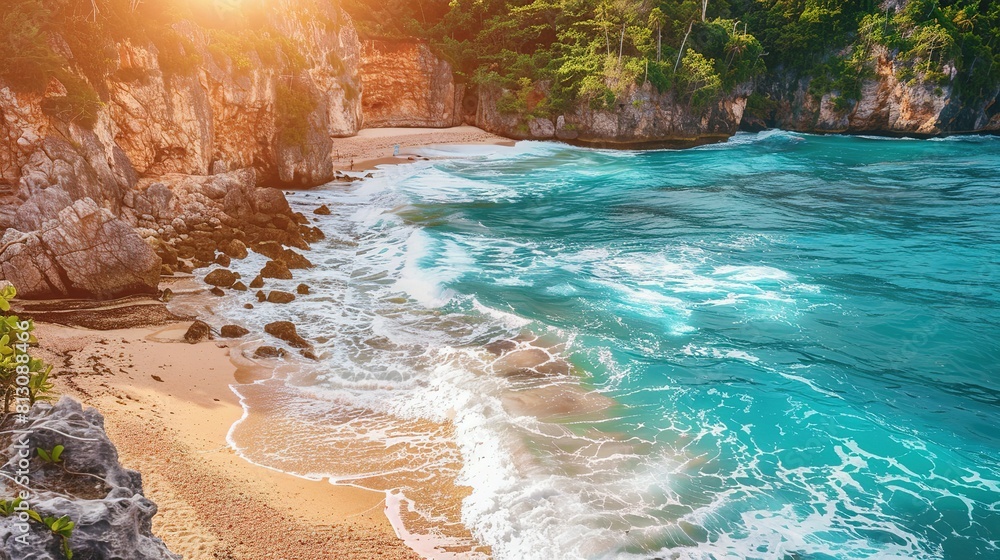 Beach and tropical blue sea. Ocean with big waves, rocks and cliff. Beautiful landscape on the caribbean island and wild sea waves. Beach and tropical blue sea. Ocean with big waves, rocks and cliff. Beautiful landscape on the caribbean island and wild sea waves.