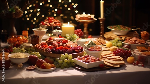 A festive New Year s Eve buffet table laden with a delicious spread of appetizers  finger foods  and hors d oeuvres. 8k