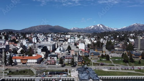 Aerial view of the city of Bariloche in Patagonia Argentina with the Cathedral of Our Lady of Nahuel Huapi and Nahuel Huapi lake. photo