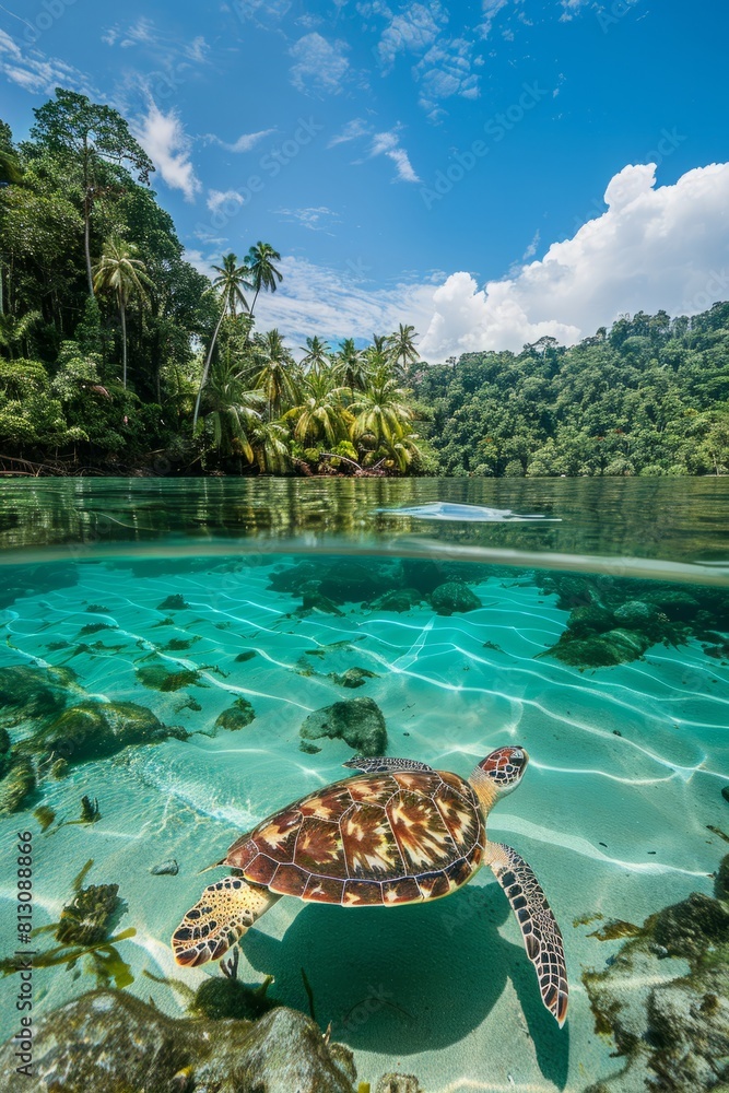 A sea turtle gracefully swims in the ocean, with lush green trees in the background. The crystal clear water reflects the sunlight, creating a beautiful scene of marine life