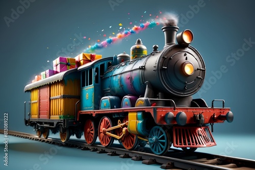 a bright colorful train travels with New Year's gifts