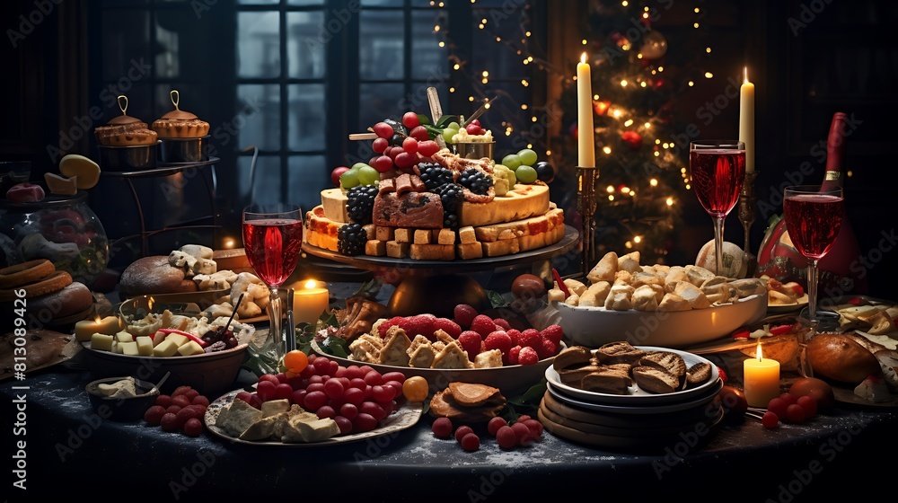 A festive New Year's Eve dinner spread with an array of delicious dishes and decadent desserts. 8k