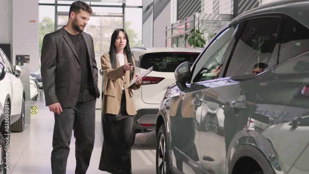 Positive young professional saleswoman demonstrating an electric car to a male customer buying a new car at a car dealership. Positive young professional saleswoman demonstrating an electric car to a male customer buying a new car at a car dealership.