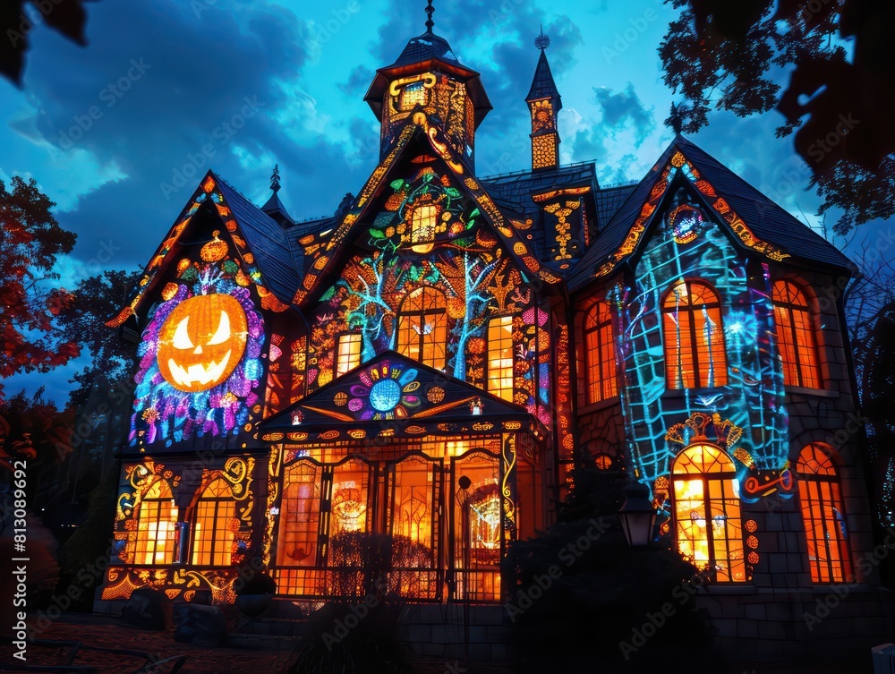 A spooky Halloween house mansion under a dark, moonlit sky, surrounded by eerie trees, perfect for October celebrations and haunted house designs A spooky Halloween house mansion under a dark, moonlit sky, surrounded by eerie trees, perfect for October celebrations and haunted house designs