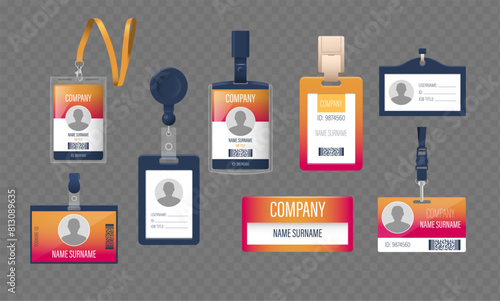 Collection Of Office Identification Badges in Different Styles Of Holders, Lanyards And Retractable Clips, 3d Vector Set © Pavlo Syvak