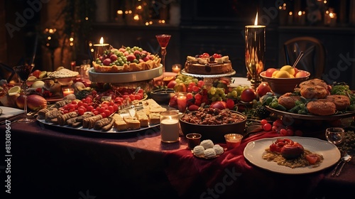 A festive New Year's Eve dinner spread with an array of delicious dishes and decadent desserts. 8k