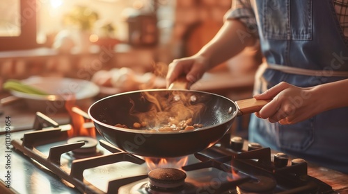 Close up of hands cooking food in a pan on a gas stove in a home kitchen, focused on the hand and wok with a wooden handle over the stovetop photo