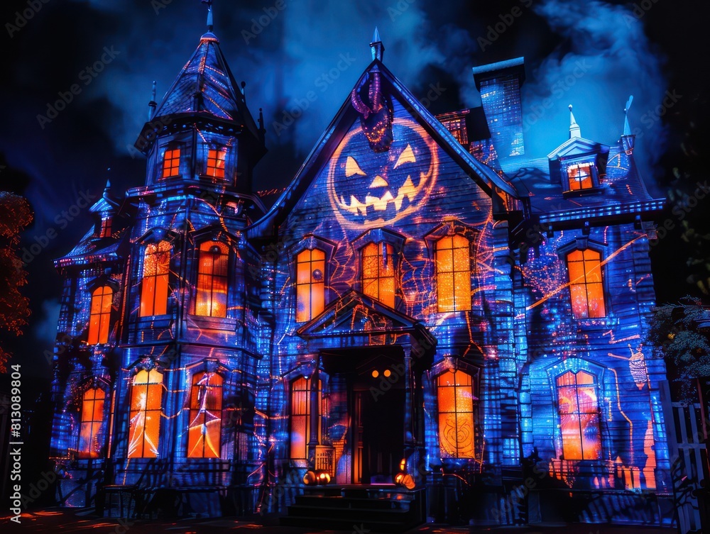 Fototapeta premium A spooky Halloween house mansion under a dark, moonlit sky, surrounded by eerie trees, perfect for October celebrations and haunted house designs