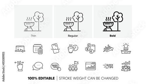 Baggage calendar, Growth chart and Touchscreen gesture line icons. Pack of Dots message, Leadership, Coffee break icon. Scroll down, Smartphone waterproof, Grill pictogram. Line icons. Vector