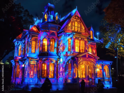 A spooky Halloween house mansion under a dark, moonlit sky, surrounded by eerie trees, perfect for October celebrations and haunted house designs