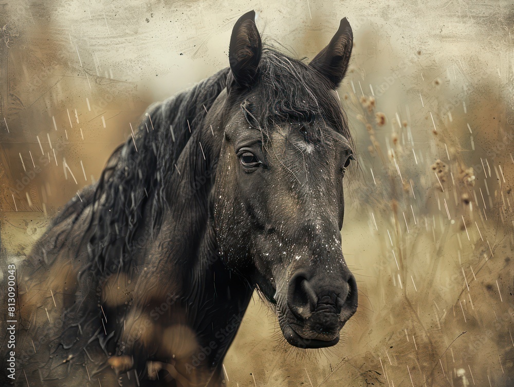 A beautiful horse in a rural pasture, its mane flowing in the wind, with a clear blue sky in the background, embodying natural grace A beautiful horse in a rural pasture, its mane flowing in the wind, with a clear blue sky in the background, embodying natural grace