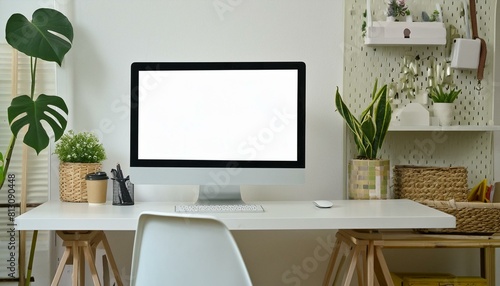 Mockup of computer monitor on desk in contemporary minimalist home office with plants 