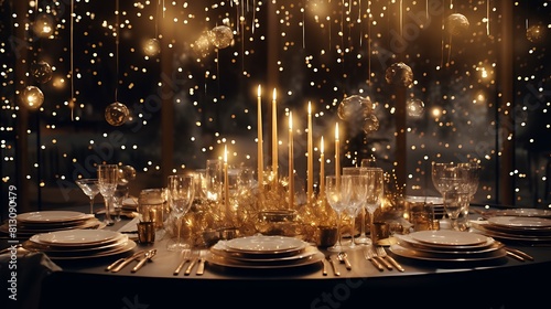 A festive table adorned with glittering decorations and candles  set for a New Year s Eve dinner celebration. 8k