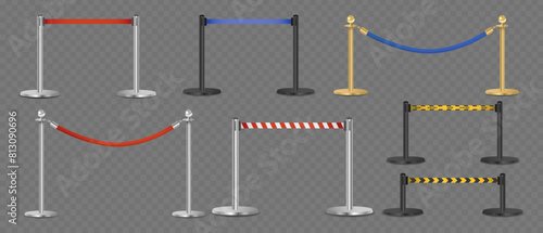 Collection Of Metal Posts With Attached Ribbons In Various Colors And Styles, For Decorative And Cautionary Uses