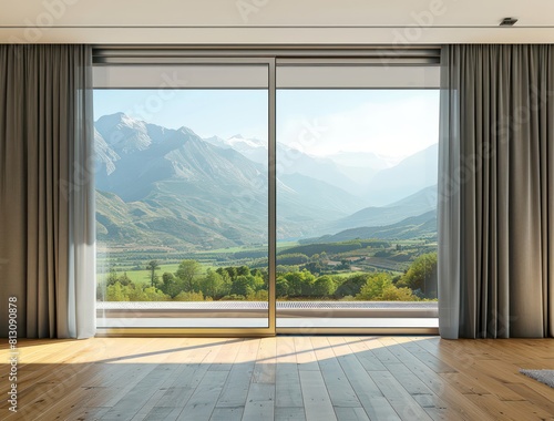 An empty room with a large glass window offering a stunning view  showcasing modern architecture and luxurious interior design