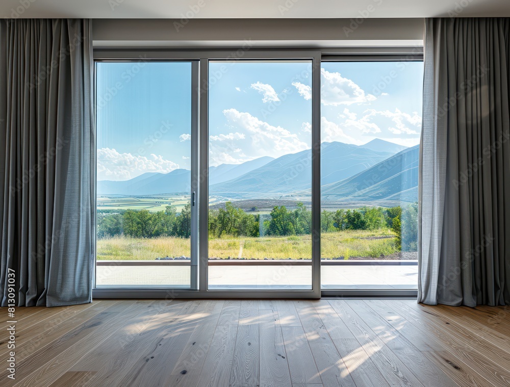 Fototapeta premium An empty room with a large glass window offering a stunning view, showcasing modern architecture and luxurious interior design