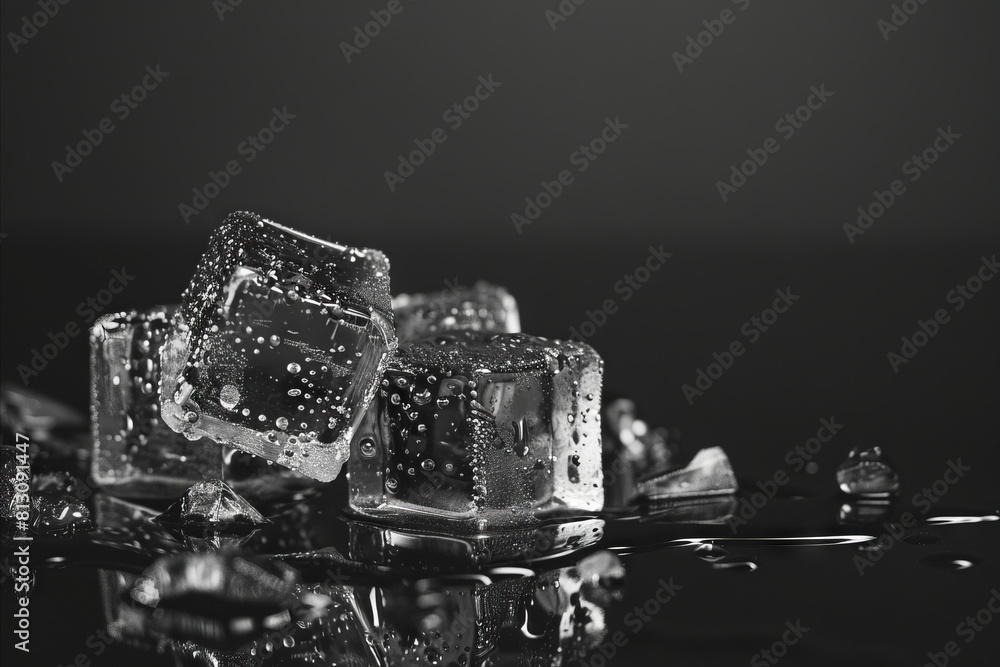 Black and white photo of ice cubes on a table. Black and white photo of ice cubes on a table.