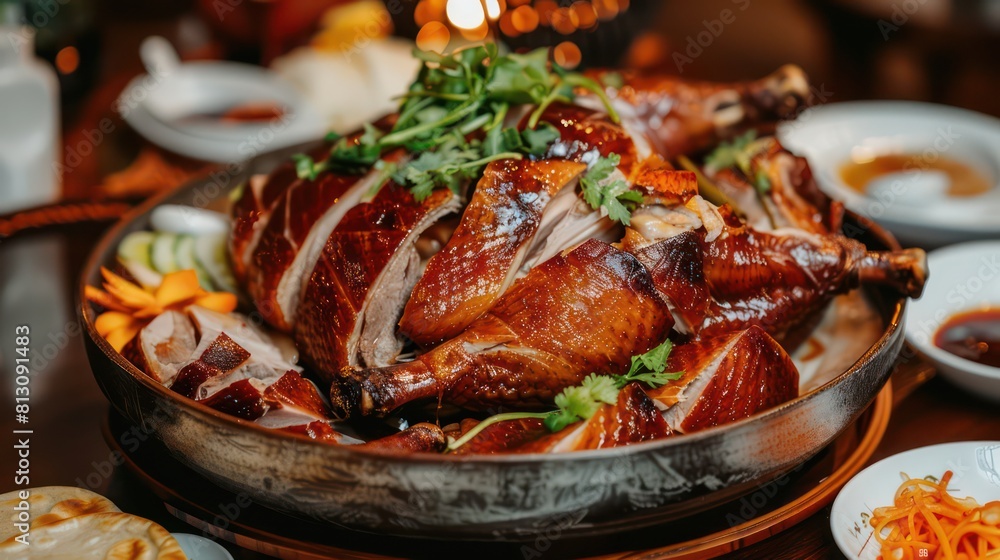 A gourmet plate featuring roast duck, fresh tomatoes, and a vibrant salad, creating a delicious and healthy dinner dish A gourmet plate featuring roast duck, fresh tomatoes, and a vibrant salad, creating a delicious and healthy dinner dish