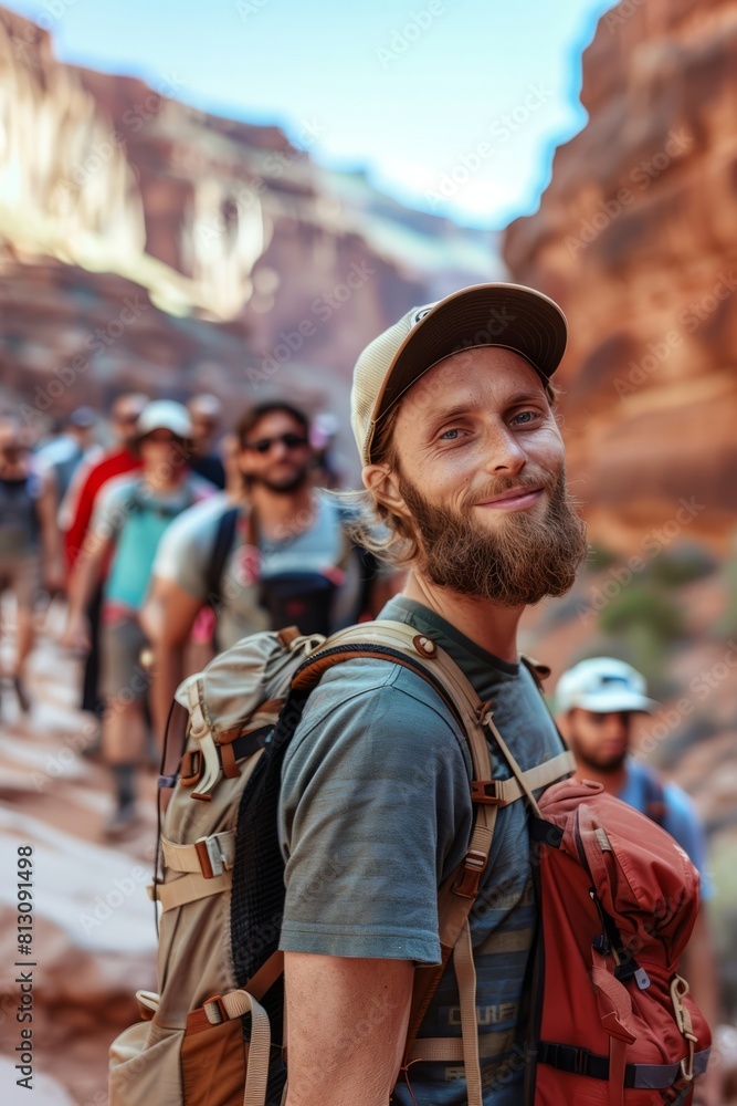 A man with a beard wearing a hat and backpack is captured in this photo, ready for a hiking adventure. He exudes a sense of preparedness and ruggedness as he sets off on his journey
