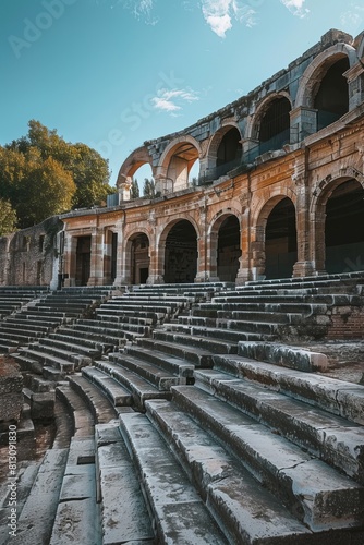 An ancient Roman amphitheater with tiered seating and arched entrances photo