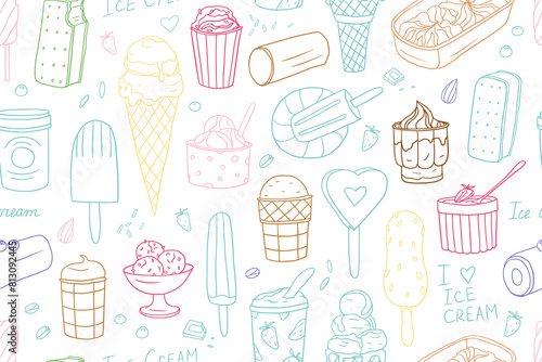 Seamless pattern of ice cream in doodle style. Ice cream waffle cones, ice cream bars on sticks, ice cream in a paper cup. Hand drawn. Great for summer dessert menu design