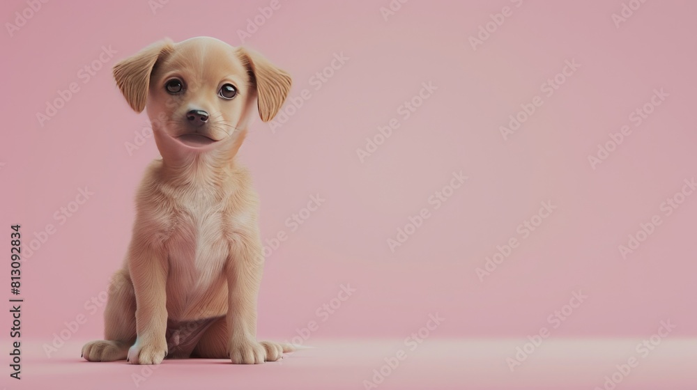 A cute little dog is sitting on a pink surface. The dog has a cute expression on its face with copy space A cute little dog is sitting on a pink surface. The dog has a cute expression on its face with copy space