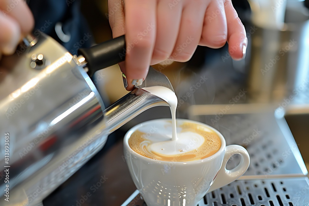 Close-up shot of a barista expertly pouring steamed milk into a cup of freshly brewed espresso.