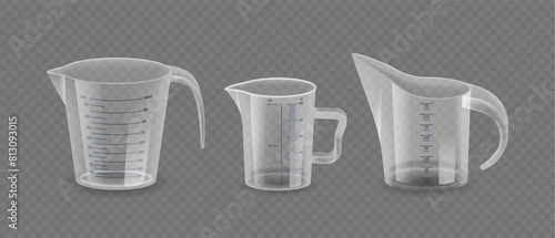 Three Different Clear Measuring Cups or Jugs. Kitchen Devices Isolated On Transparent Background, Jugs For Measurement
