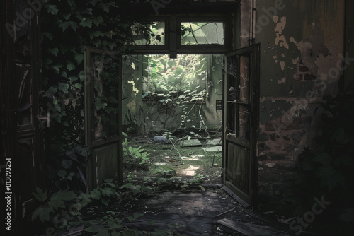 An open door leading to an overgrown garden in the style of a dark fantasy concept art  interior shot  eerie atmosphere  of an old abandoned house