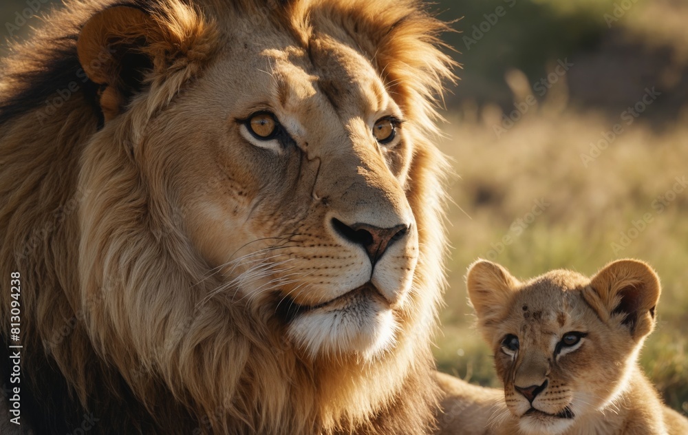 Fototapeta premium Two big cats with whiskers standing next to each other, gazing intently