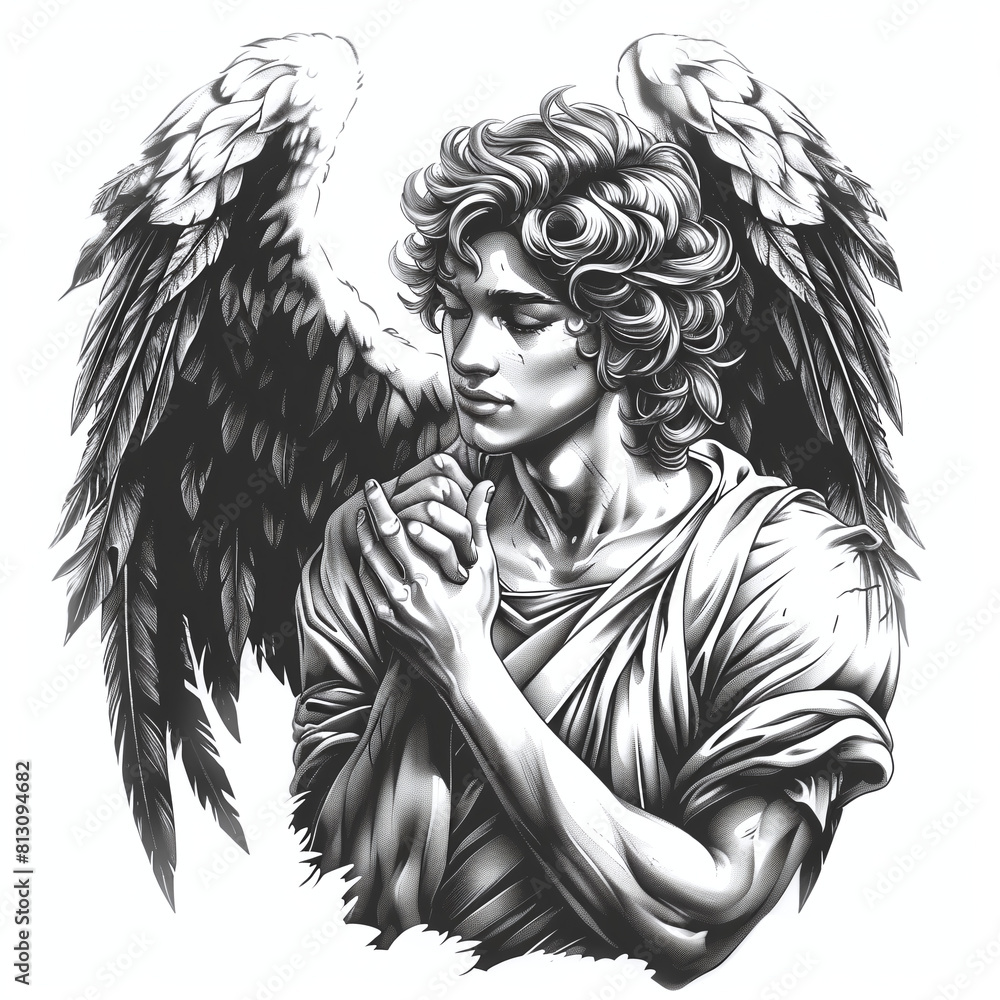 Fototapeta premium male angel with wings as pencil drawing in black and white