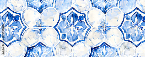 blue and white watercolor seamless pattern with elegant hexagonal shapes in the style of boho art, white background