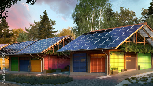 Eco-friendly garage units with roofs covered in colorful solar panels, each unita??s color indicating the type of renewable energy it generates. photo