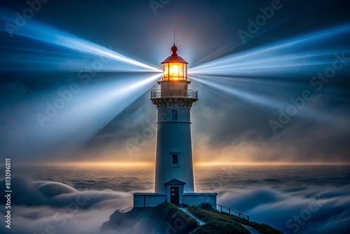 Beams of Lighthouse Through Night Fog