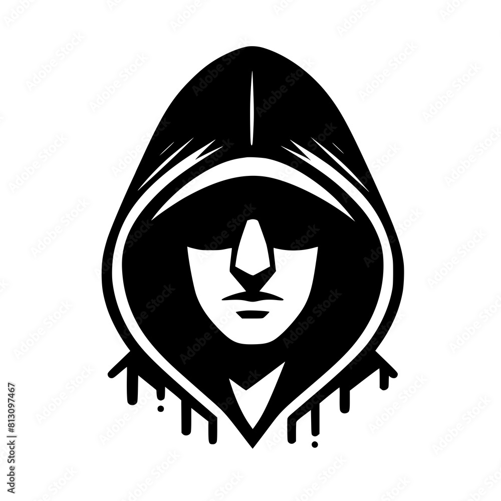 Mysterious Hooded Hacker in Black and White – Vector Illustration on Cybersecurity, Anonymity, and Digital Safety