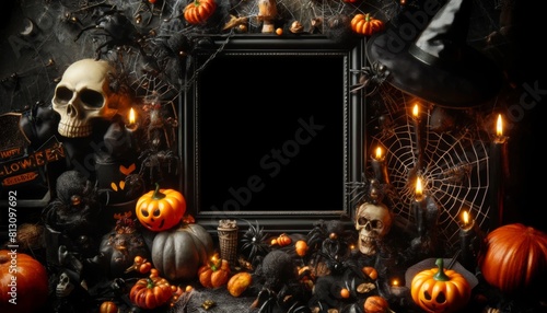 Happy Halloween frame with ghosts, orange pumpkins, bats, spider web, witch hat halloween decoration on black background. Autumn holiday concept composition 3D. Space for text