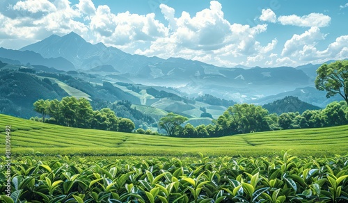 tea fields with mountains in the background © MADGALLERY