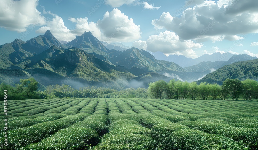 tea fields with mountains in the background