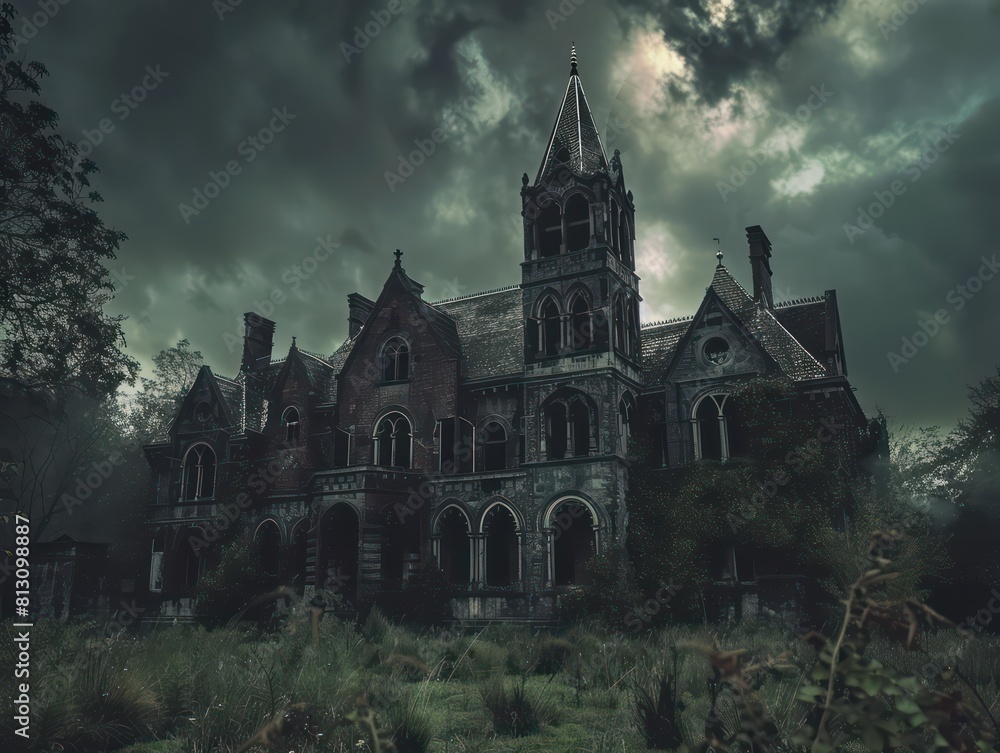 scary abandoned and haunted ruined gothic mansion, baroque architecture