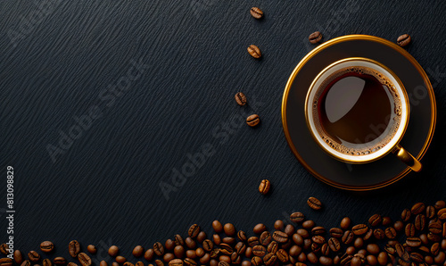 A cup of coffee and beans on a black background.