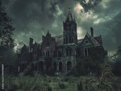 scary abandoned and haunted ruined gothic mansion, baroque architecture