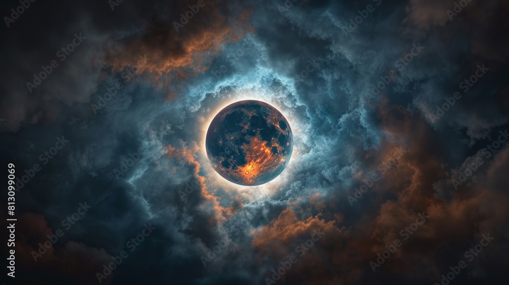 Majestic solar eclipse casting glow in cloudy heavens Majestic solar eclipse casting glow in cloudy heavens