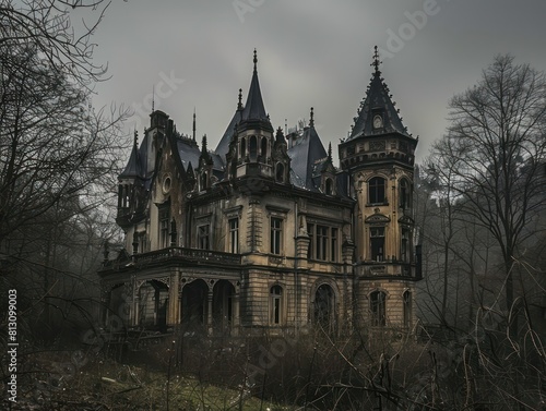 scary abandoned and haunted ruined gothic mansion, baroque architecture © MADGALLERY