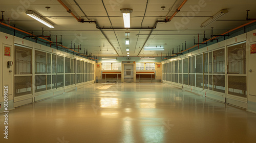 Empty animal rescue shed with cages and care stations, all clean and ready but no animals present. photo