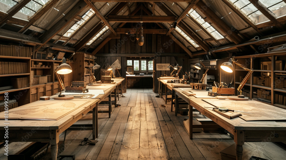 Empty antique map restoration shed with large tables and magnifying lamps, all set up but quiet. Empty antique map restoration shed with large tables and magnifying lamps, all set up but quiet.