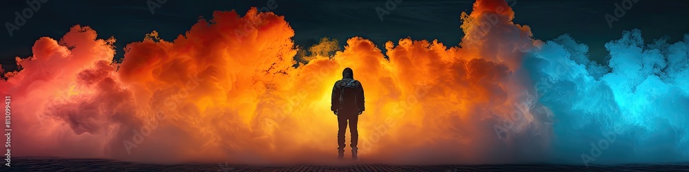 Fototapeta premium A man stands in the middle of a colorful cloud of smoke