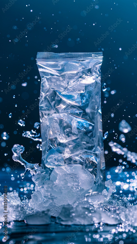 A plastic bag filled with water and ice. A plastic bag filled with water and ice.