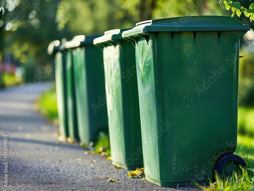 green trash cans standing next to each other on the street