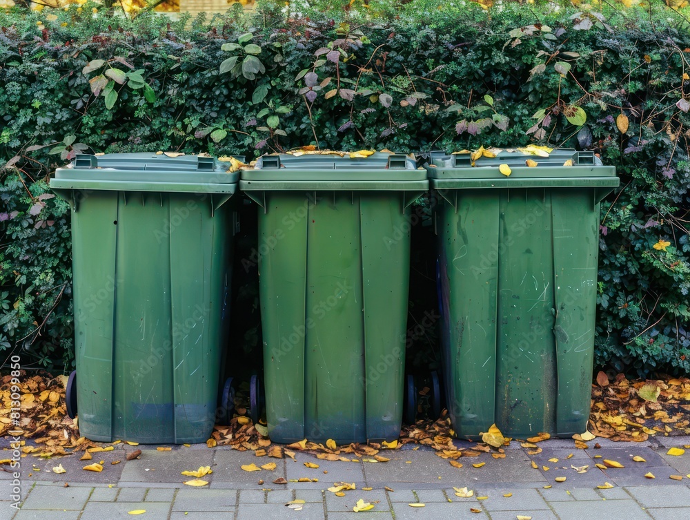 green trash cans standing next to each other on the street green trash cans standing next to each other on the street