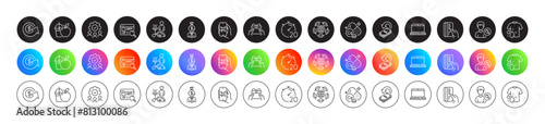 Search people, Wash t-shirt and Juice line icons. Round icon gradient buttons. Pack of Notebook, Website search, Cashback icon. Timer, Manager, Calcium mineral pictogram. Vector